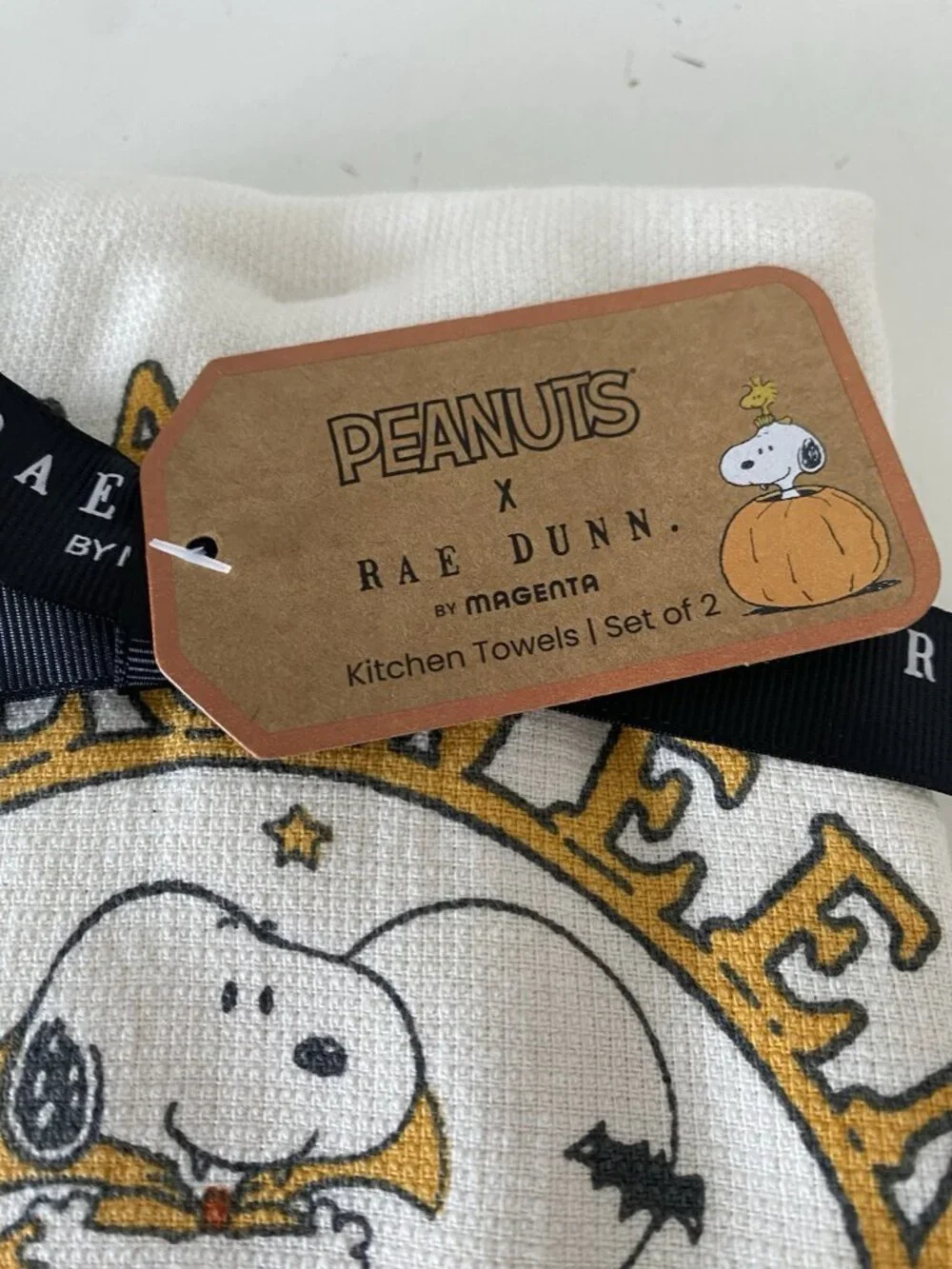 2 pack RAE DUNN PEANUTS Gang Snoopy trick or Treat Halloween Kitchen Towels NEW
